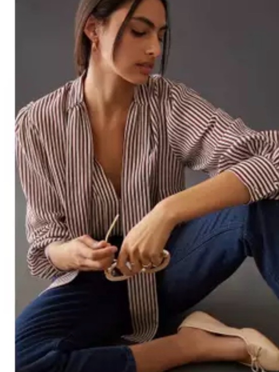 Anthropologie Tops - Anthropologie Maeve Maroon and White Striped V-Neck Blouse